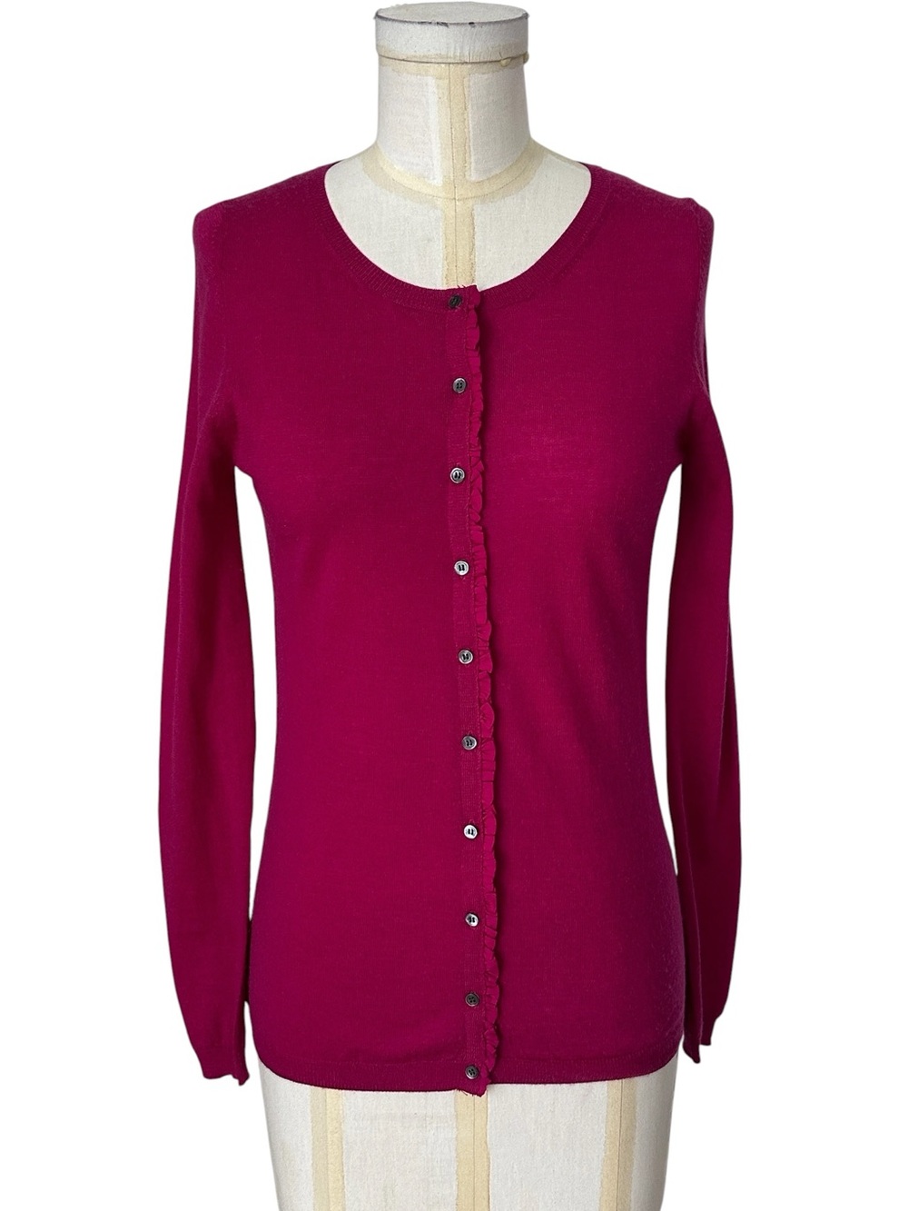 Massimo Dutti Raspberry Pink Wool Cashmere Ruffle Trim Cardigan Sweater Small